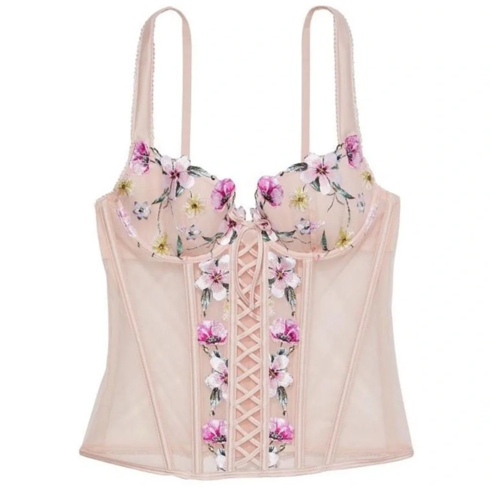 New! Victoria’s lace-up floral embroidered longline corset bustier 3823
